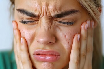 Close-up of a Young Woman's Face with Acne and Wrinkles