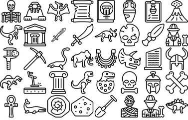 A Collection Of Archeology Outline Icons Web Header Banner Design Containing Dinosaur,Ancient,Dino,Jurassic,Tool Vector Icons Illustration Collection