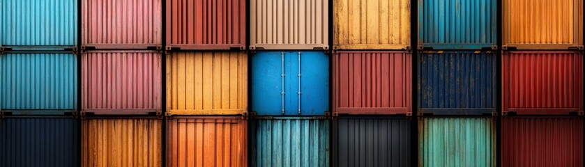Colorful shipping containers arranged in a visually striking pattern, showcasing industrial design and vibrant hues.
