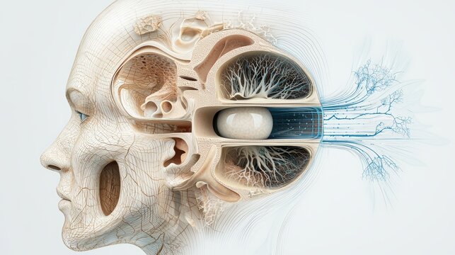Anatomical illustration of the human ear, showcasing intricate structures and the auditory pathways in a detailed profile view.