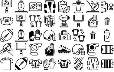 Set Of Linear American Football Isolated Silhouette Solid Icons With Ball,Protection,Football,American-Football,Rugby Vector Icons Illustration Collection