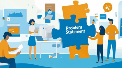 Four people in an office setting collaboratively discuss and visualize a "Problem Statement" represented by a large puzzle piece.
