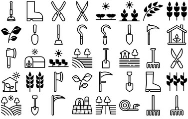 Set Of Linear Agriculture Isolated Silhouette Solid Icons With Farm,Garden,Agriculture,Farming,Horticulture Outline Icons Collection. Simple Vector Illustration