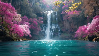 Serene Waterfall Surrounded by Blossoming Trees