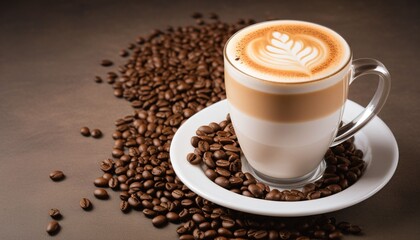 Obraz premium latte coffee with coffee beans sprinkled on the table_6 Generative AI