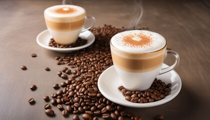 Fototapeta premium latte coffee with coffee beans sprinkled on the table_2 Generative AI
