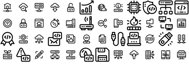 Set Of Linear Website Hosting Vector Symbols Apps, Websites Ui Designs Suitable For Server,Storage,Coding,Database,Connection Vector Illustration Linear Pictogram Pack