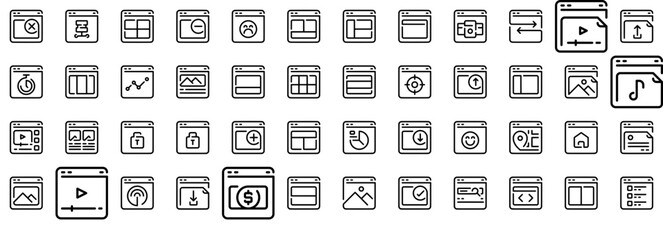 Set Of Website Browser And Interface Vector Symbols Apps, Websites Ui Designs Suitable For Website,Web-Browser,Layout,Web,Interface Solid Icon Collection. Vector Illustration