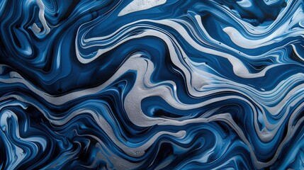 Obraz premium Elegant deep blue and silver marble ink design with intricate swirls, creating a luxurious and dynamic abstract background that captivates with its rich textures.
