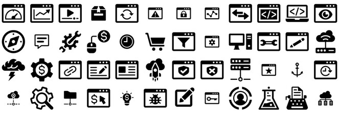 A Collection Of Web Seo Development Glyph V Icons Collection Isolated Silhouette Solid Icons Including Gear,Web,Seo,Browser,Website Solid Icon Collection. Vector Illustration