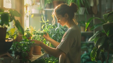 Obraz premium Young woman tending to indoor plants, emphasizing sustainability and a nurturing connection with nature, in a sunlit room filled with greenery.