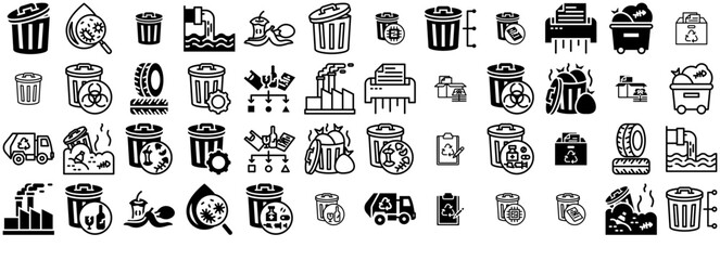 Set Of Waste Management Isolated Silhouette Solid Icons With Garbage,Recycling,Trash,Pollution,Waste Outline Icons Collection. Simple Vector Illustration