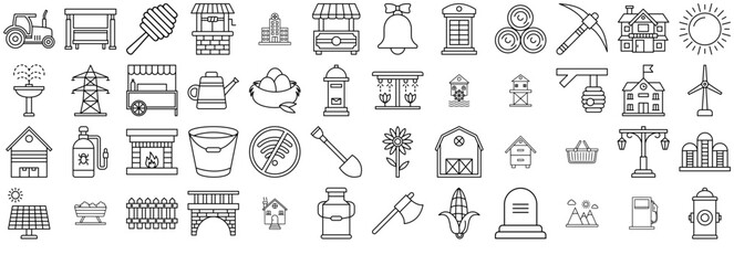 Set Of Linear Village Icons Collection Isolated Silhouette Solid Icons Including Building,Farm,Farming,Agriculture,Gardening Vector Illustration Linear Pictogram Pack