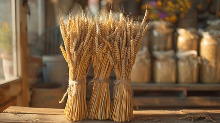 An artistic shot of golden wheat sheaves, tied with twine, neatly arranged on a rustic wooden table, with a background of a cozy farmhouse interior, sunlight creating a golden glow,