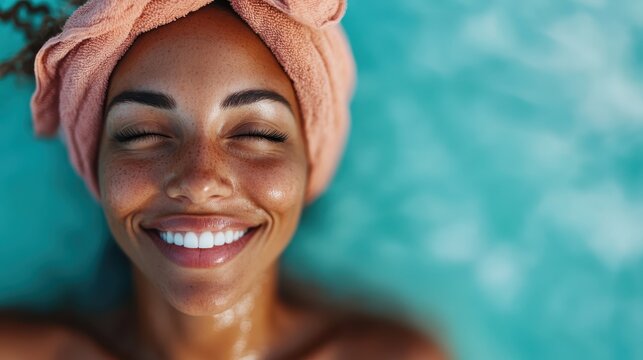 A relaxed woman floats in a swimming pool, eyes closed, wearing a peach-colored towel on her head. The turquoise water complements her serene smile and content expression.