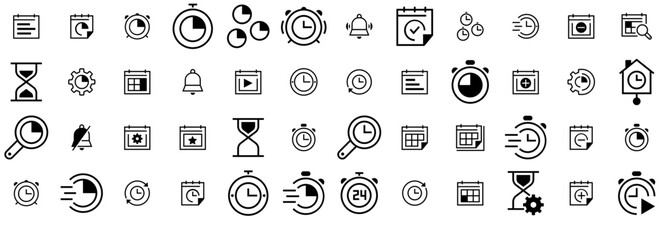 Set Of Linear Time And Date Vector Symbols Apps, Websites Ui Designs Suitable For Schedule,Clock,Calendar,Time,Timer Stroke Icon Collection. Vector Illustration