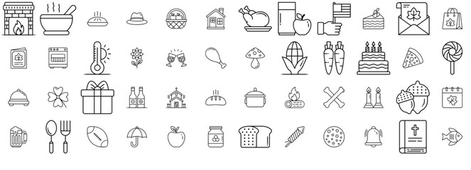 Mega Set Of Vector Thanksgiving Outline Icons Web Header Banner Design Containing Food,Drink,Sweet,Cooking,Meal Simple Black Style Symbol Sign For Apps And Website, Vector Illustration