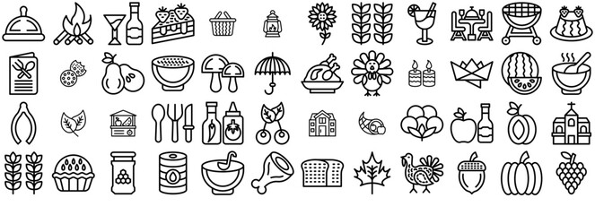 Set Of Thanksgiving Icons Collection Isolated Silhouette Solid Icons Including Food,Drink,Thanksgiving,Fruit,Healthy Simple Black Style Symbol Sign For Apps And Website, Vector Illustration