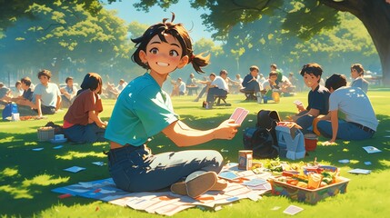 Animated scene of a joyful young adult enjoying a picnic in a bustling city park, surrounded by friends and nature