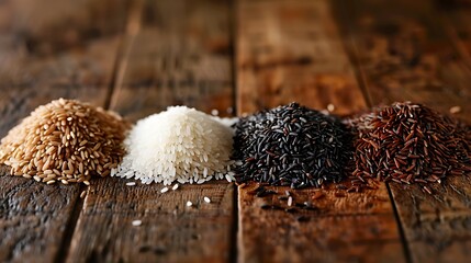 An elegant arrangement of four types of rice (white, brown, wild, and black) side by side on a rustic wooden table, with sunlight casting gentle shadows and highlights,