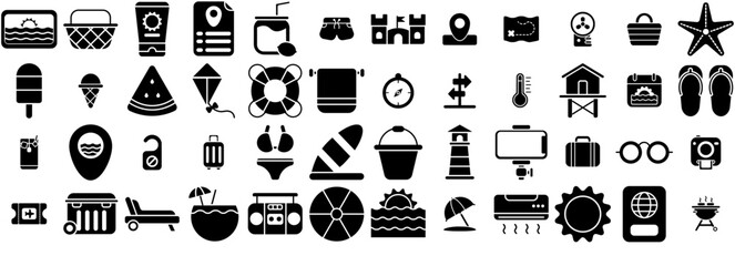 Set Of Linear Summer Holiday Vector Symbols Apps, Websites Ui Designs Suitable For Direction,Navigation,Summer,Beach,Vacation Vector Illustration Linear Pictogram Pack
