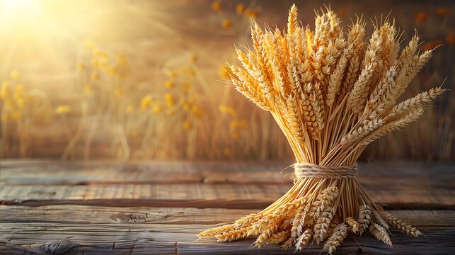 An elegant arrangement of golden wheat sheaves on a rustic wooden table, with the sun setting in the background, casting a warm,