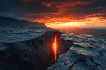 Fototapeta premium A glowing crack in a rocky cliffside that expands to reveal a portal to a land where the seasons change at will,