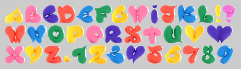 Obraz premium A vibrant 3D bubble font with heart-shaped letters, blending playful graffiti and cartoon styles. Ideal for kids' designs and Valentine’s Day themes, adding a colorful touch of love to any project.