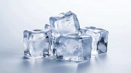 Ice Cube Collection, a pristine arrangement of ice cubes showcasing intricate textures and clarity, presented against a white backdrop, ample space for text or design elements.