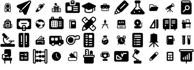 A Collection Of Solid Style Education Theme Icons Collection Isolated Silhouette Solid Icons Including Study,School,Stationery,Education,Science Business Infographic Elements Logo Vector Illustration