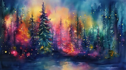 Fototapeta premium Christmas trees in the forest with colorful lights, watercolor style.
