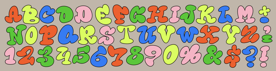 A playful 60's style cartoon alphabet featuring bubbly, hand-drawn comic letters. Groovy acid font. Ideal for children's designs, creative projects, this whimsical font adds a fun and lively touch.