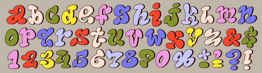 A playful 60's style cartoon alphabet featuring bubbly, hand-drawn comic letters. Groovy acid font. Ideal for children's designs, creative projects, this whimsical font adds a fun and lively touch.
