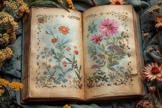 Antique botanical book with colorful flower illustrations