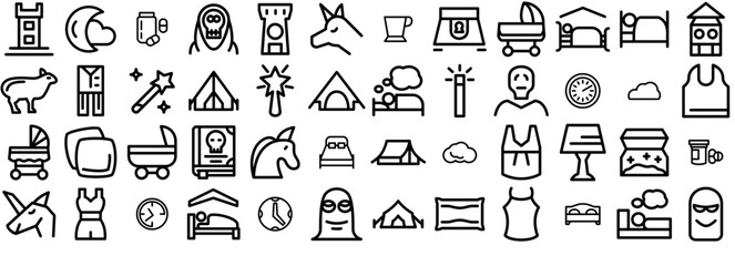 Set Of Sleeping Dreaming Icons Silhouette Vector Logo Design Containing Hotel,Medieval,Furniture,Sleep,Bed Pictograms And Infographics Design Elements Vector Illustration