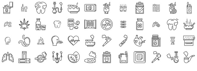Set Of Linear Smoking Vector Symbols Apps, Websites Ui Designs Suitable For Smoking,Cigarette,Tobacco,Smoke,Pipe Solid Icon Collection. Vector Illustration