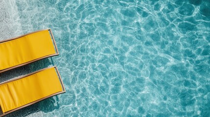 Two yellow lounge chairs are placed side by side next to a shimmering blue swimming pool, creating a tranquil and inviting atmosphere for relaxation and leisure.