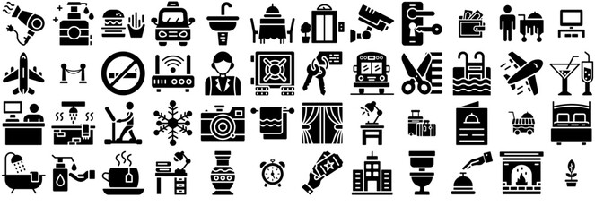 Set Of Linear Set Of Hotel Glyph Vector Icons Icons Silhouette Vector Logo Design Containing Public-Transport,Food-Trolley,Conveyance,Food-Service,Vehicle Vector Illustration Linear Pictogram Pack