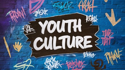 A poster with the phrase “Youth Culture” written on it in different colors and styles of graffiti in different colors that indicate youth.