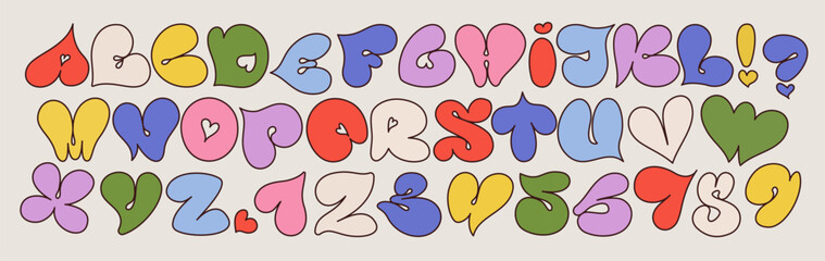 A playful colorful vibrant heart-shaped uppercase alphabet. Balloon fonts. Perfect for children's designs, Valentine's Day projects, and any creative typography needing a whimsical, love-themed touch