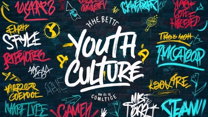 A poster with the phrase &ldquo;Youth Culture&rdquo; written on it in different colors and styles of graffiti in different colors that indicate youth.