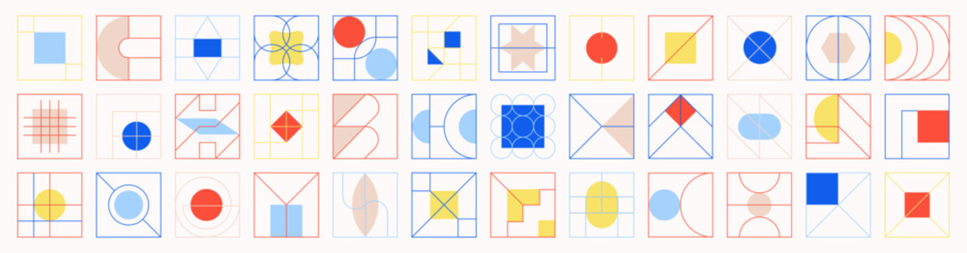 Vector set of square geometric icons with Memphis and Bauhaus influences. Features Swiss-inspired patterns and a variety of geometrical shapes and figures, perfect for stylish, modern designs.