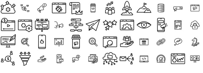 Set Of Seo And Marketing Vector Symbols Apps, Websites Ui Designs Suitable For Growth,Marketing,Seo,Promotion,Website Set Vector Flat Line Icons
