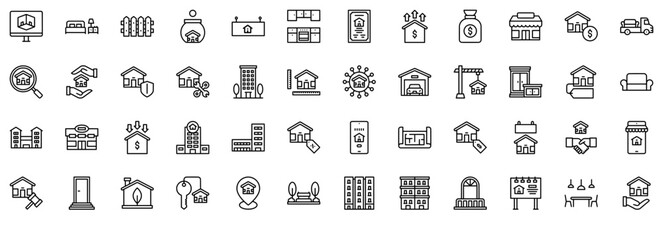 Set Of Real Estate Icons Silhouette Vector Logo Design Containing Building,Property,Real-Estate,Construction,Architecture Vector Illustration Linear Pictogram Pack