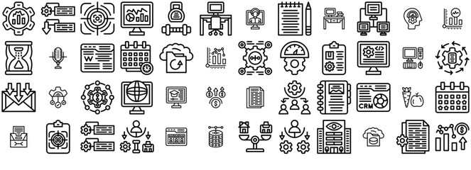 A Collection Of Productivity Icons Silhouette Vector Logo Design Containing Focus,Information,Records,Efficiency,Communication Business Infographic Elements Logo Vector Illustration
