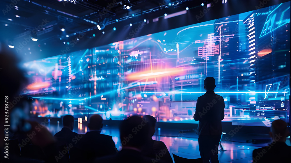 Poster a business professional presents data on a large, futuristic digital screen in a dimly lit, high-tec