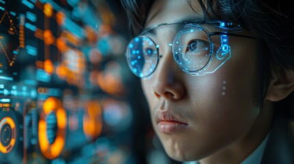 Young scientist in a high-tech laboratory using augmented reality glasses, with futuristic digital interfaces and holographic displays, emphasizing innovation and technology.