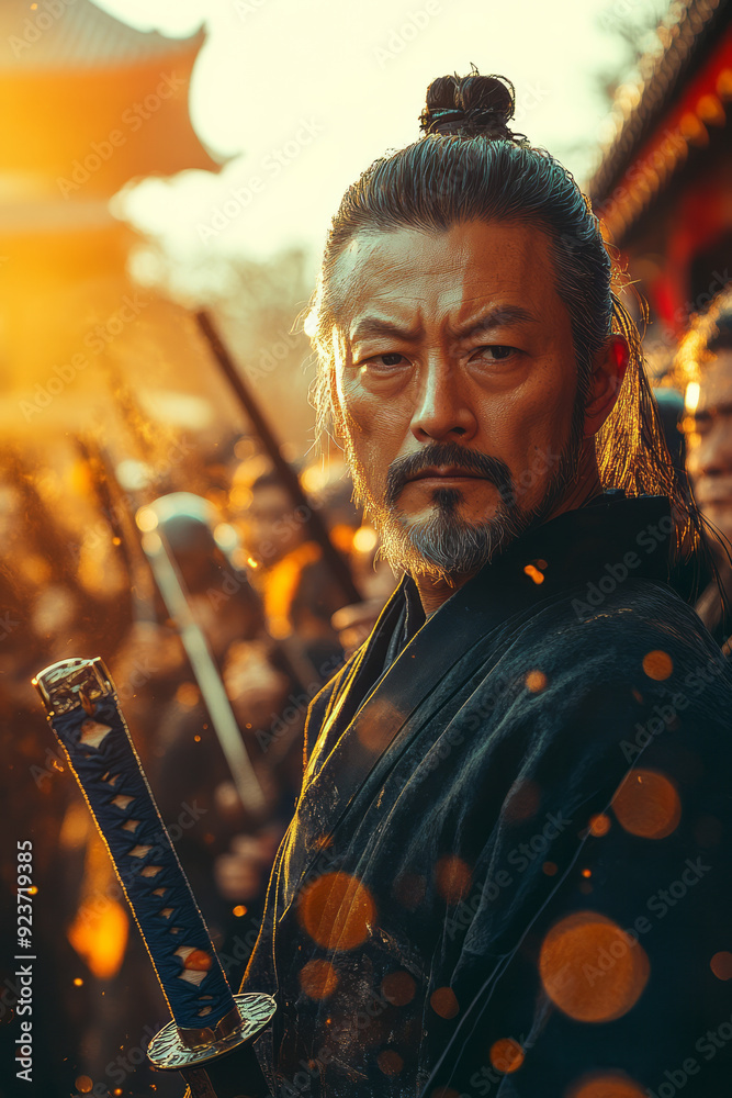 Poster a swordmaster teaching a new generation of warriors, instilling in them the resolve that has carried