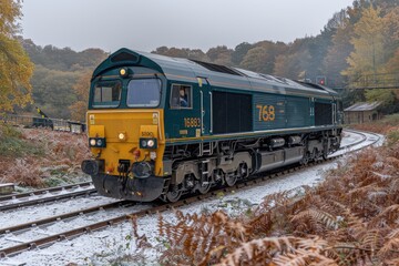 Green Diesel Locomotive on Snowy Railway Track