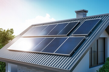 Obraz premium A side view of a solar panel installation on a tin roof, with a technician adjusting the angle.